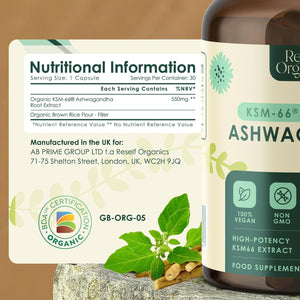 Organic Ashwagandha KSM-66® Extract - 30 Capsules 550Mg 1 Month Supply - High Strength Supplement for Performance Energy Boost Muscle Recovery Immune Support - Made in England by Reself Organics