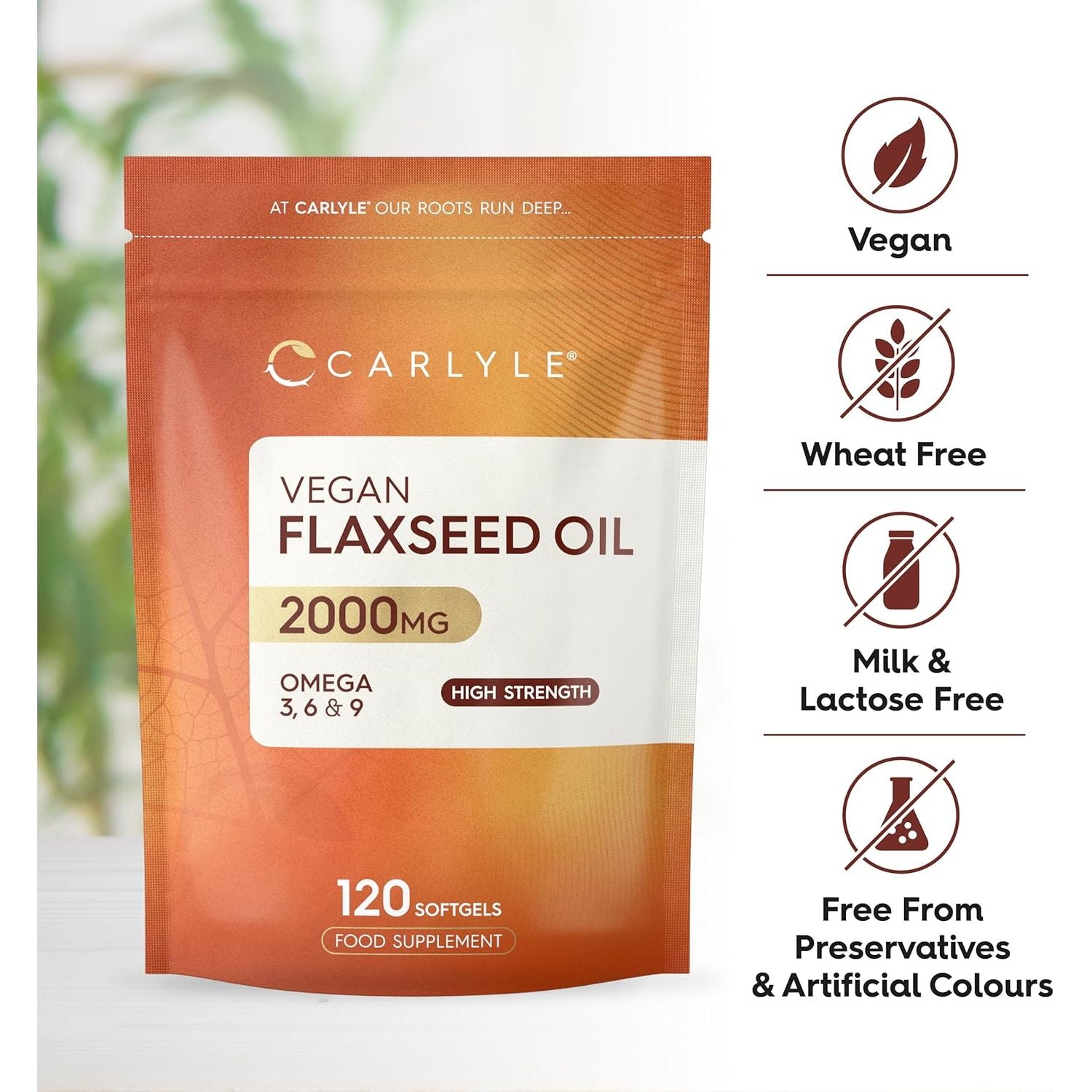 Flaxseed Oil Capsules 2000Mg | 120 Vegan Softgels | High Strength Supplement with Omega 3 6 & 9 | Cold Pressed | by Carlyle
