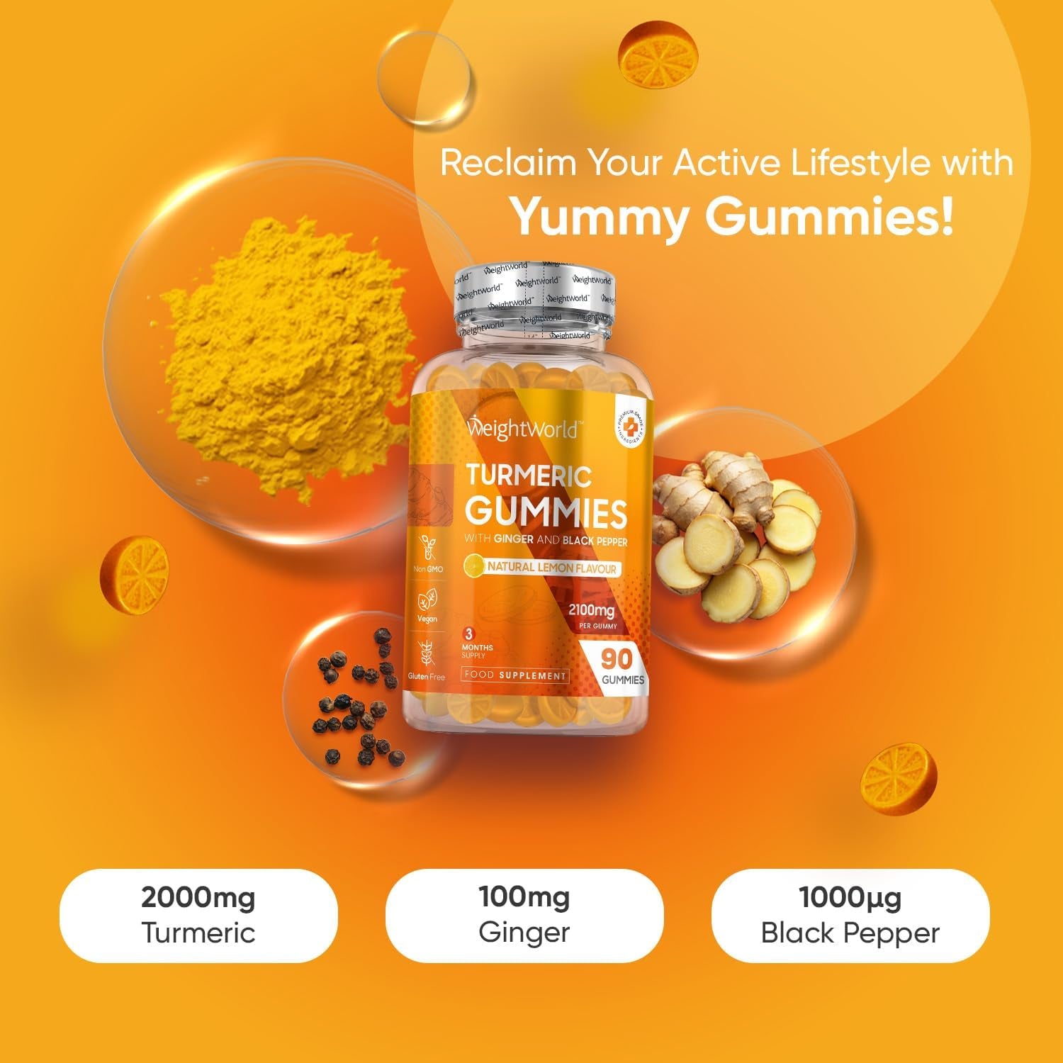 Turmeric Gummies with Black Pepper & Ginger 2100Mg - 90 Natural Lemon Flavour Vegan Turmeric Gummies (3 Months Supply) –High Strength Alternative to Turmeric & Black Pepper Capsules for Adults