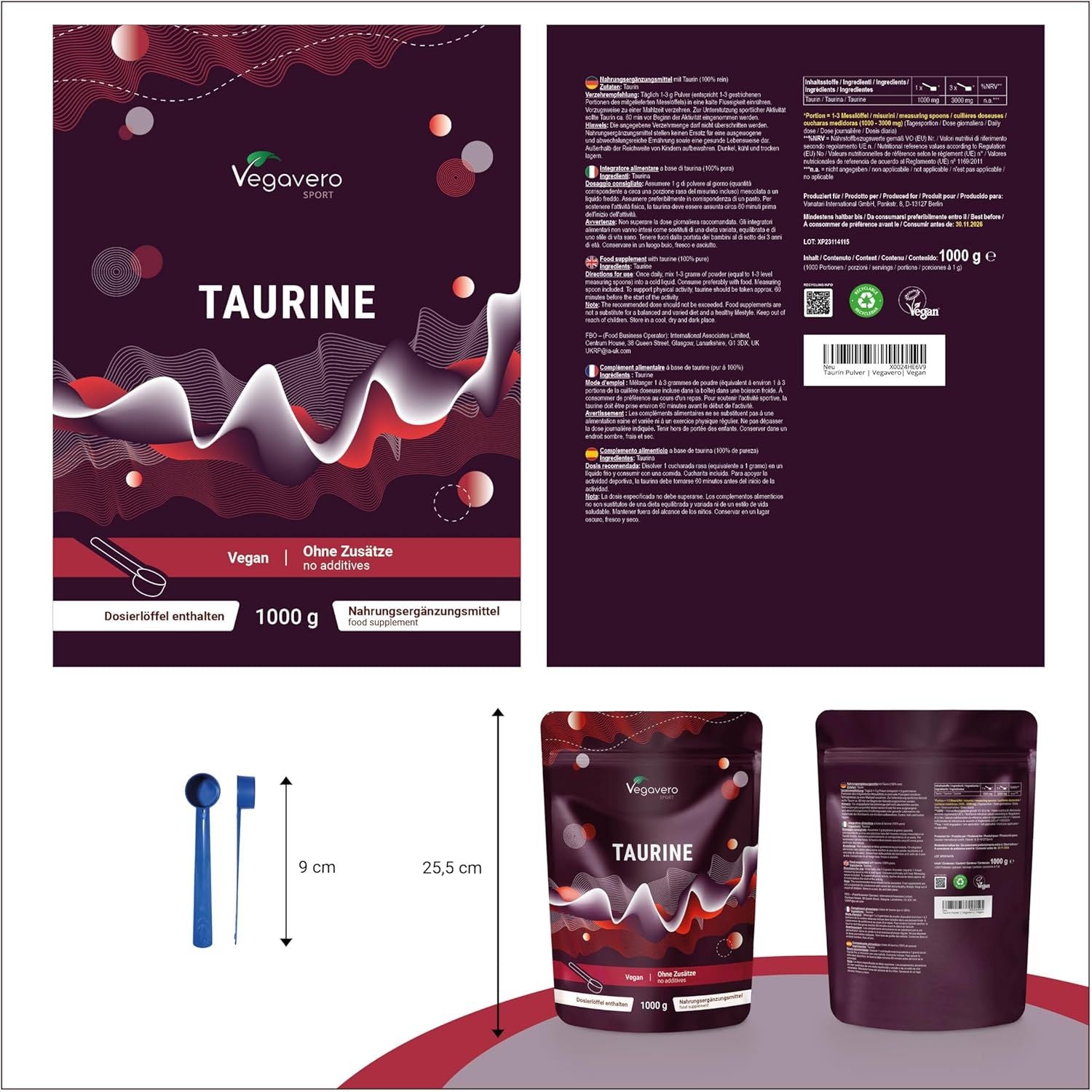 Vegavero L Taurine Powder 1Kg | 3000 Mg Daily Dose | 1 Year Supply | 100% Pure Taurine | NO Additives | Lab-Tested | Vegan