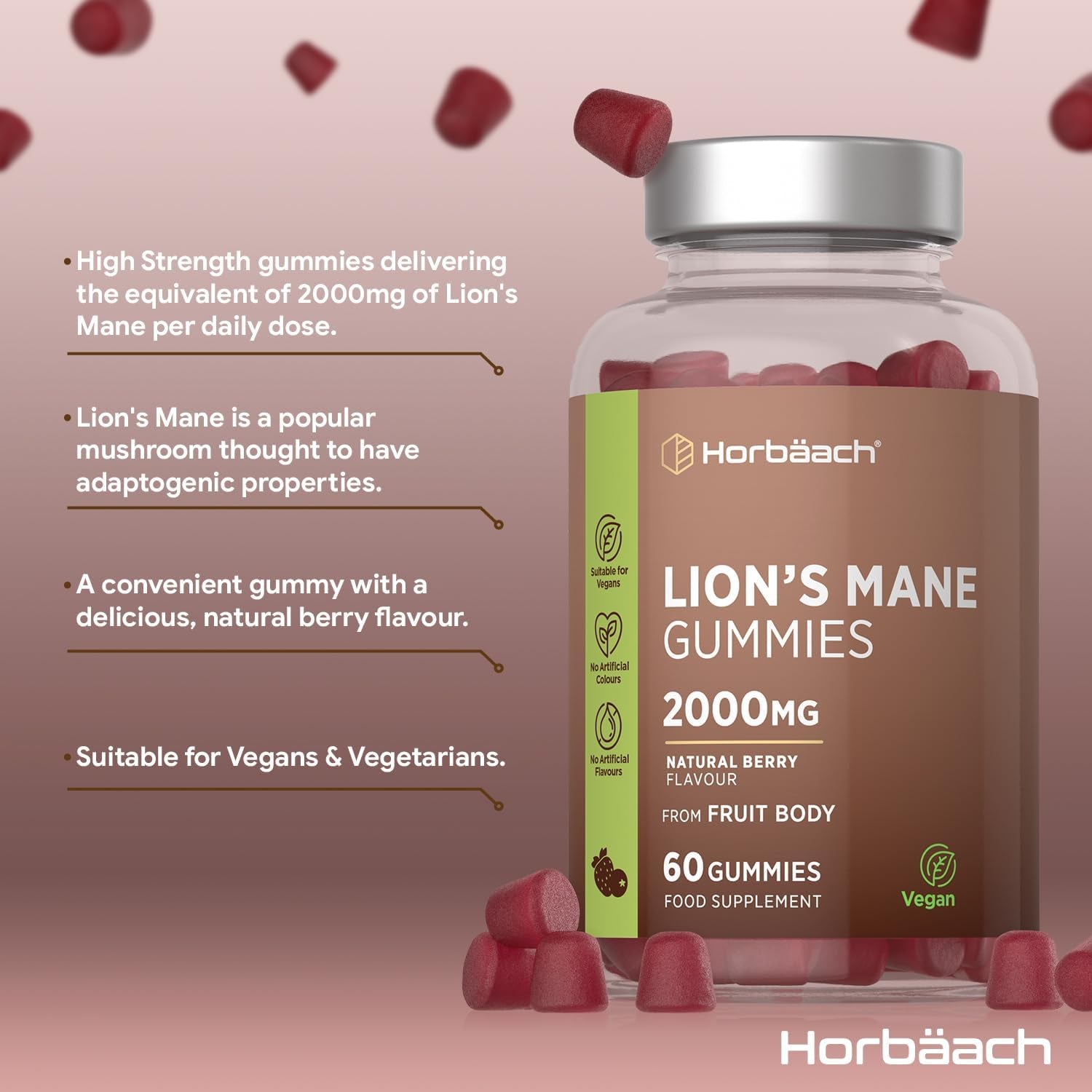 Lions Mane Gummies 2000Mg | High Strength Lions Mane Supplement | Mushroom Extract | Natural Berry Flavour | 60 Vegan Gummies | by Horbaach