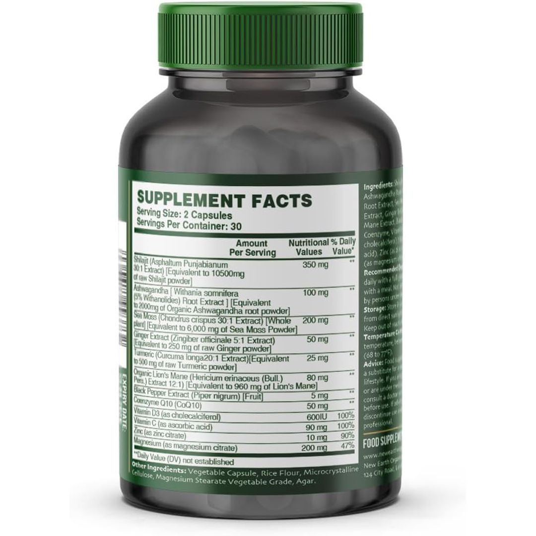 Shilajit Sea Moss Lions Mane Ashwagandha Turmeric Ginger Black Pepper Vitamins D3 & C Zinc Magnesium - 60 Vegan Capsules - 2320Mg per Serving