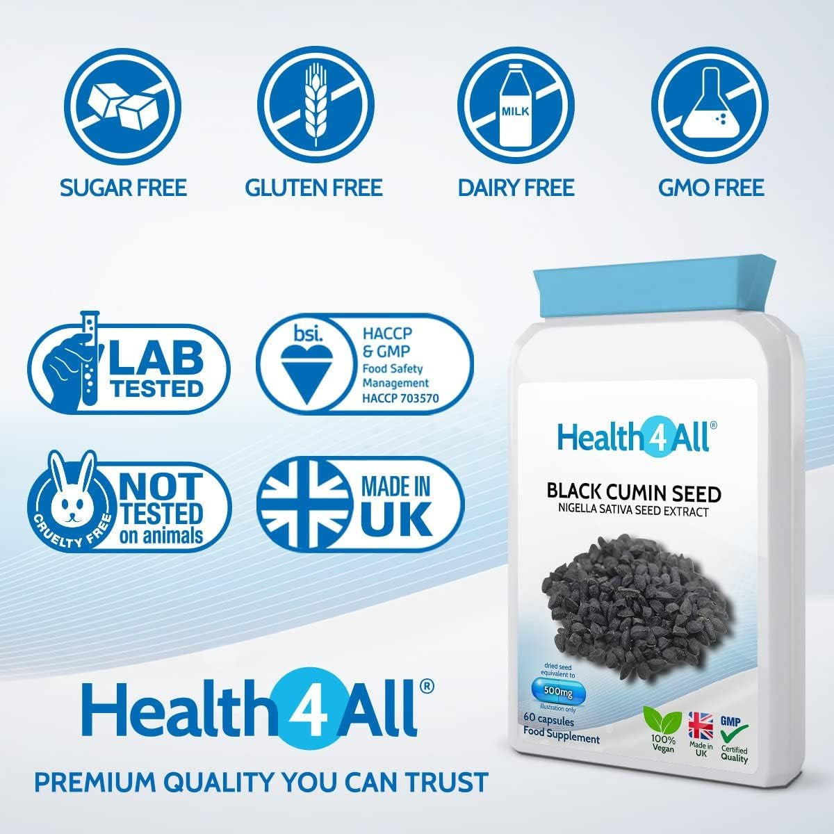 Health4All Black Cumin Seed 500Mg 60 Capsules, Vegan Nigella Sativa Extract, Immune Support Supplement Capsules (Not Tablets Nor Oil), Natual Thymoquinone from Black Seed | Made in UK