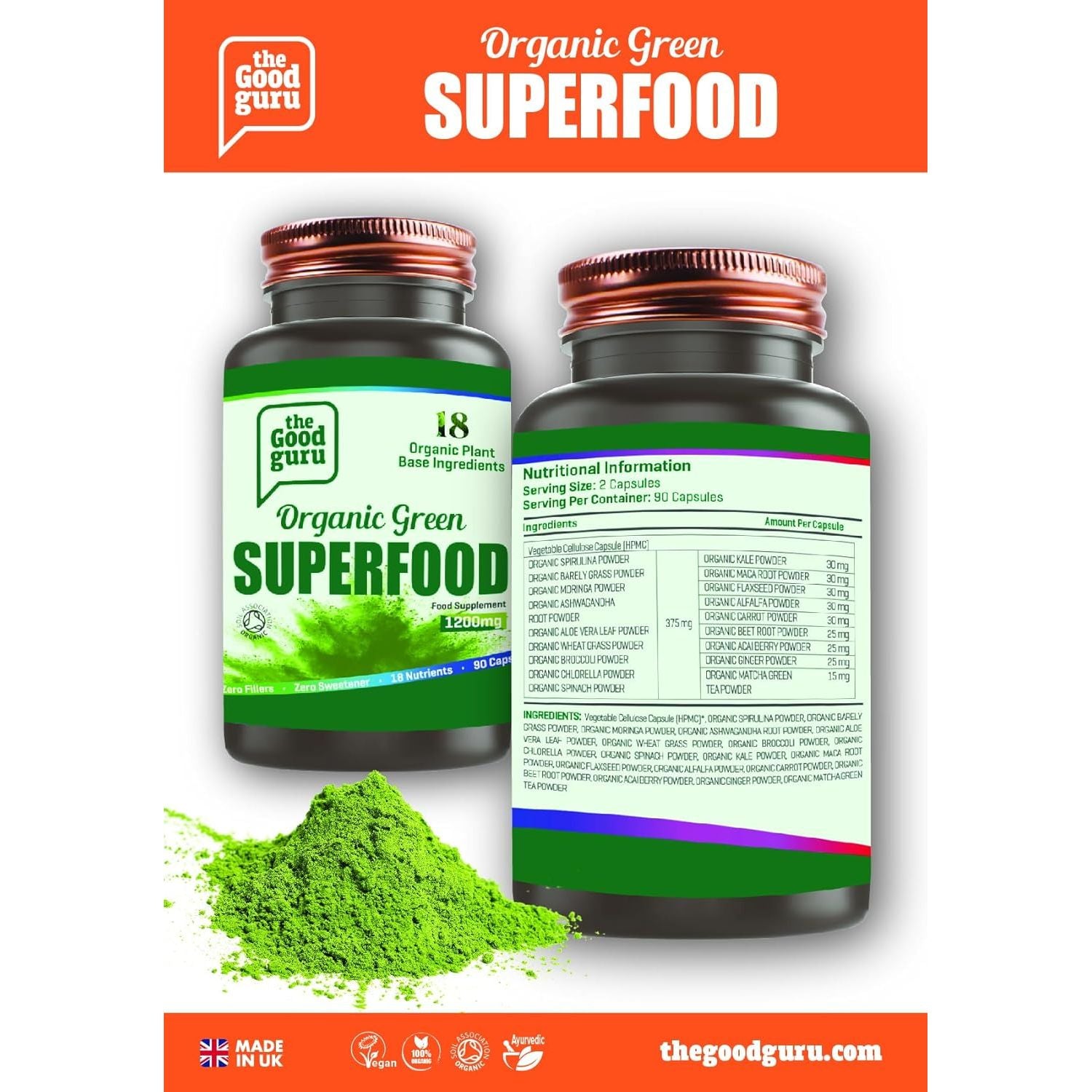 The Good Guru Organic Green Superfood Supplement Capsules - 90 Capsules with 18 Nutritious Ingredients