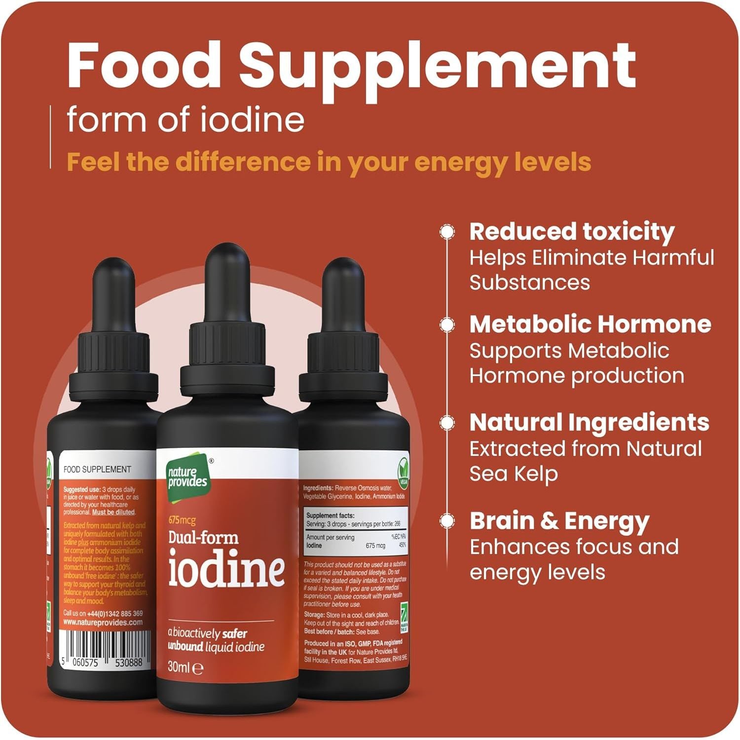 Natural Dual-Form Iodine : 100% Free and Unbound Iodine/Iodide Supplement. 675Mcg (30Ml) for Energy, Mood & Metabolism. Made in the UK.