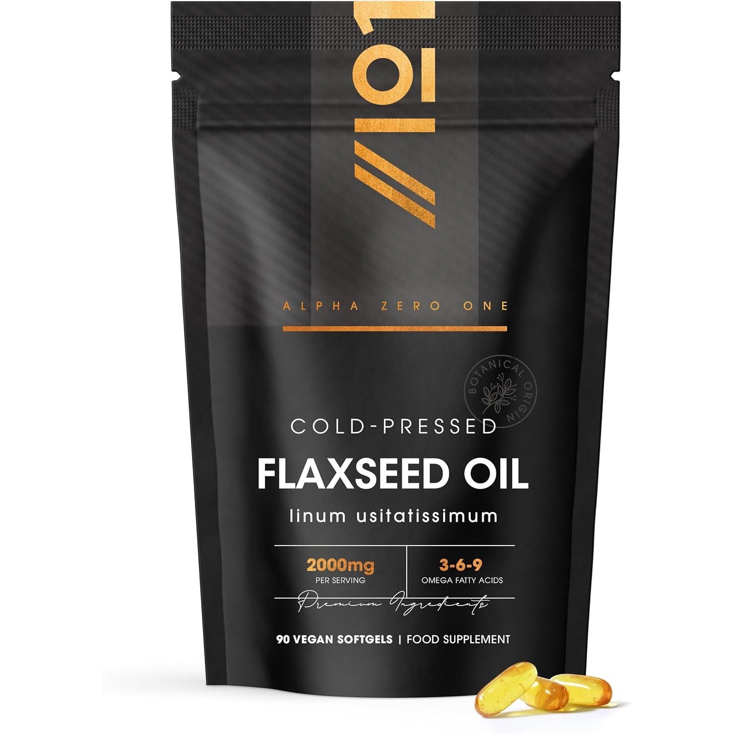 Flaxseed Oil 2000Mg – 90 Vegan Softgels – Cold-Pressed with Omega 3-6-9 – Pure & Potent Linum Usitatissimum - Resealable and Recyclable Pouch by Alpha01