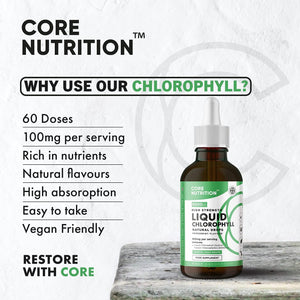 Liquid Chlorophyll Drops for Water - High Strength of 6000Mg per 60Ml Bottle at 4X Concentration - 2 Month Supply of Chlorophyll Liquid Drink - Made in UK by Core Nutrition