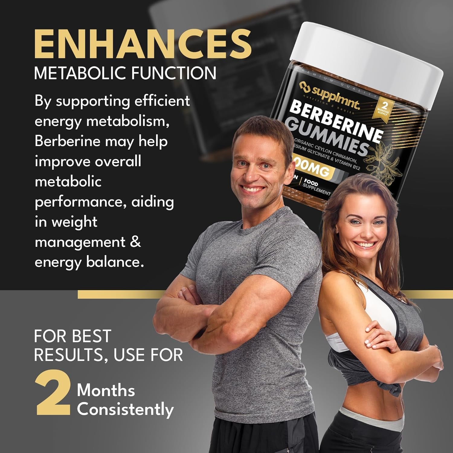 Supplmnt. Berberine Gummies - 2 Months Supply, 1500Mg Berberine with 1000Mg Ceylon Cinnamon, 2.4Mg Vitamin B12 & 400Mg Magnesium Glycinate - Powerful Metabolism & Immune Support Supplement - Orange