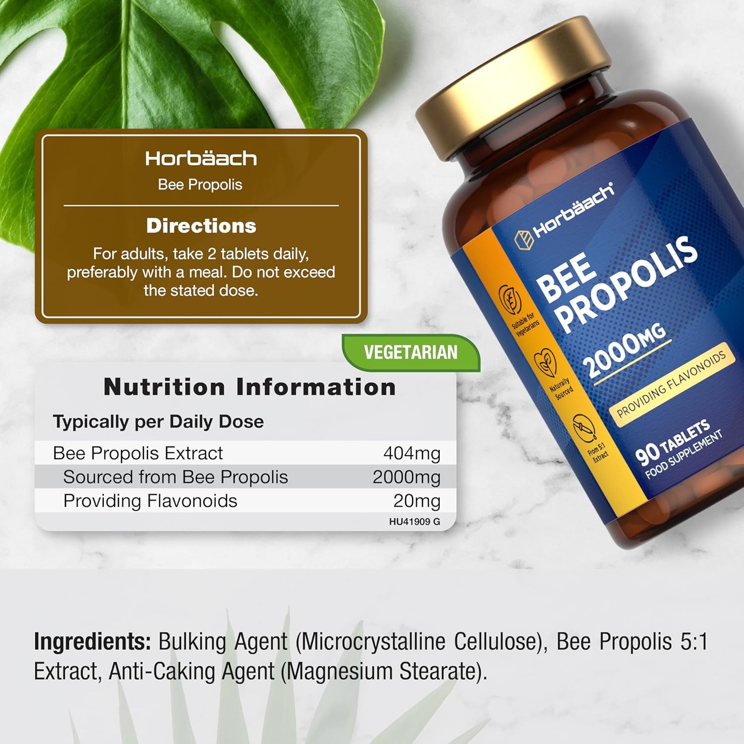 Bee Propolis Tablets 2000Mg | Flavonoids Propolis Supplement | 90 Vegetarian Tablets | High Strength 5:1 Extract | by Horbaach