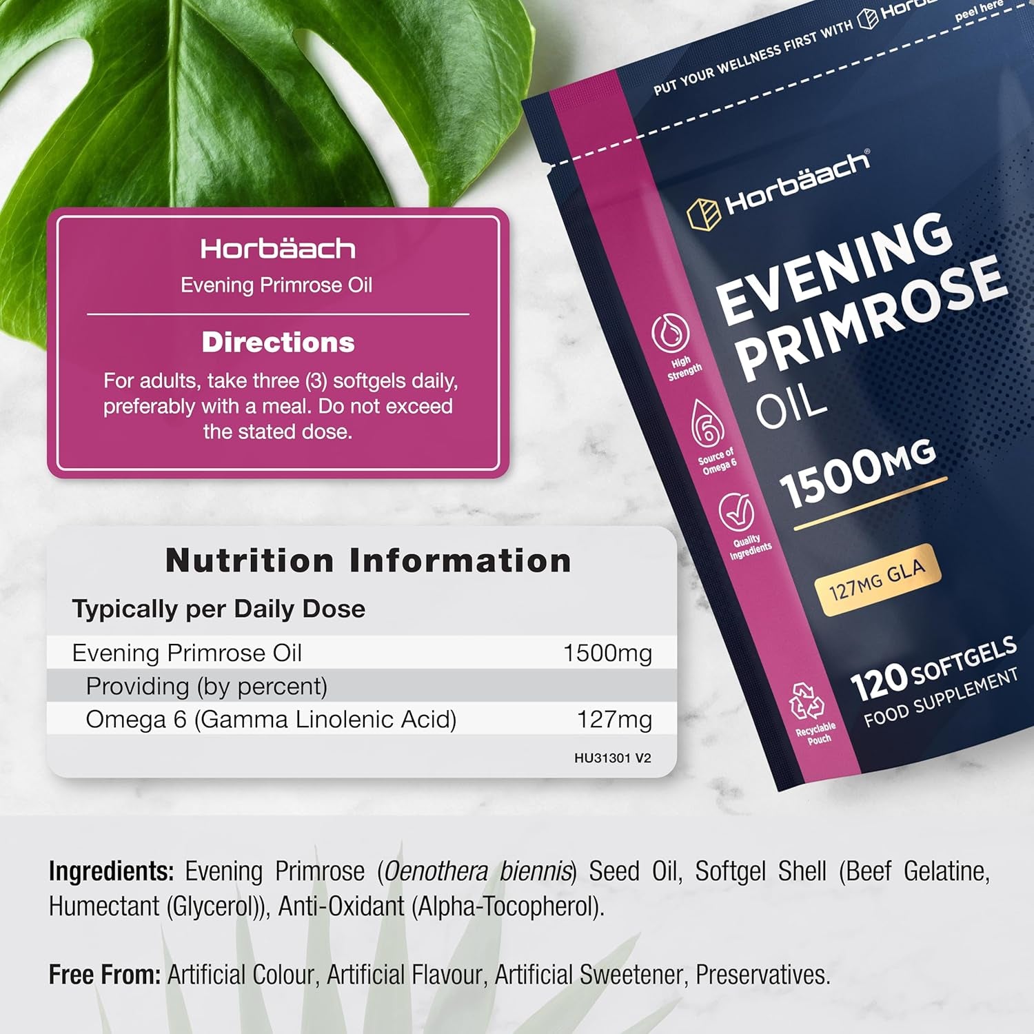 Evening Primrose Oil 1500Mg | High Strength with Omega 6 and GLA | Cold-Pressed | 120 Softgel Capsules | by Horbaach