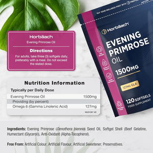 Evening Primrose Oil 1500Mg | High Strength with Omega 6 and GLA | Cold-Pressed | 120 Softgel Capsules | by Horbaach