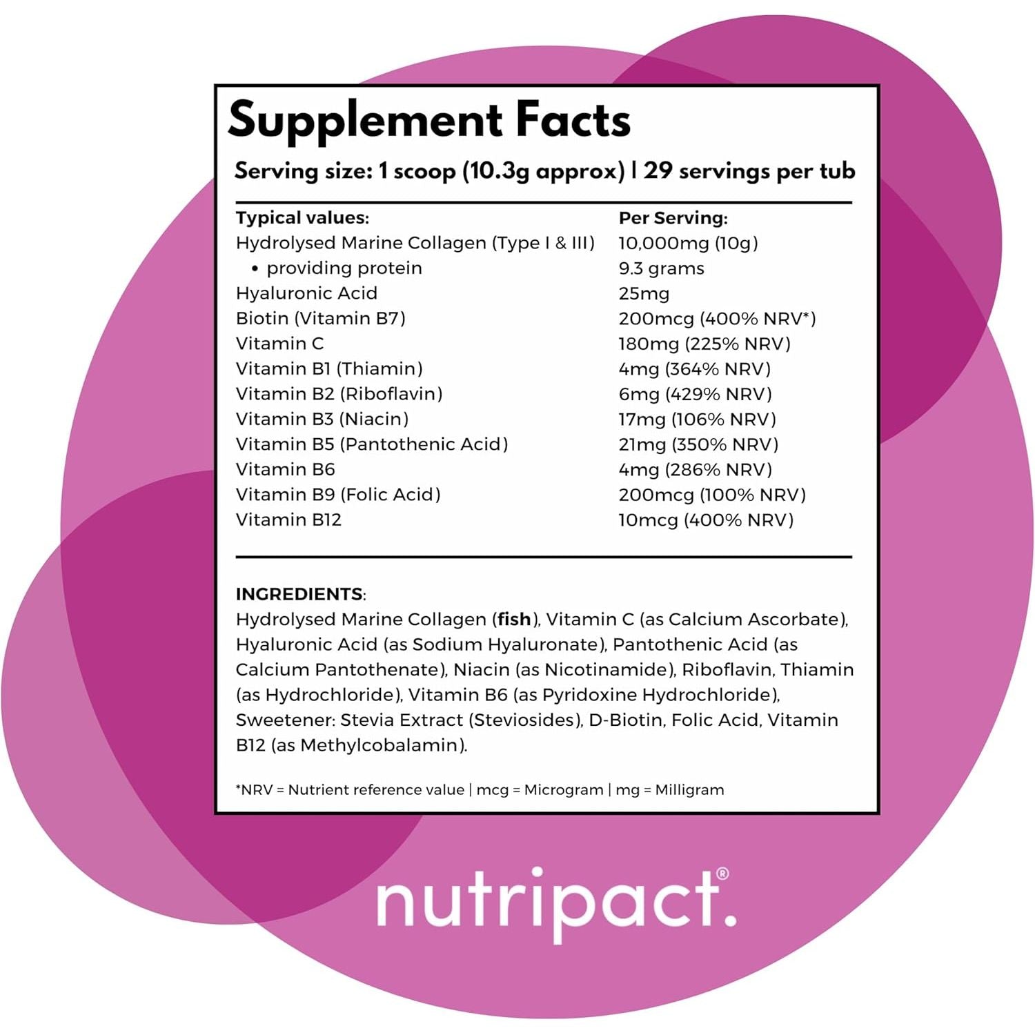 Nutripact Marine Collagen Powder with Hyaluronic Acid, Biotin, Vitamin C & B Vitamins 10,000Mg Hydrolysed Collagen Peptides Types 1 & 3, Unflavoured, Odourless, Highly Bioavailable – 30 Servings, 300G