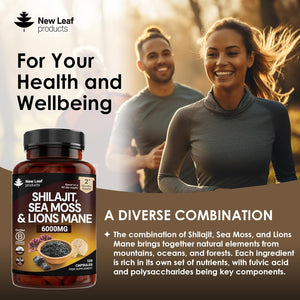 Shilajit Seamoss and Lions Mane Capsules 6000Mg - High Strength Complex - 60% Fulvic Acid Shilajit, Irish Sea Moss, Lions Mane 100% Fruiting Body - Vegan, UK Made 120 Capsules