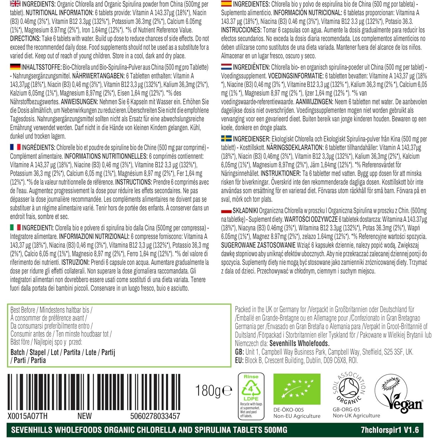 Sevenhills Wholefoods Organic Chlorella & Spirulina Tablets 500Mg, Pack of 360, 180G
