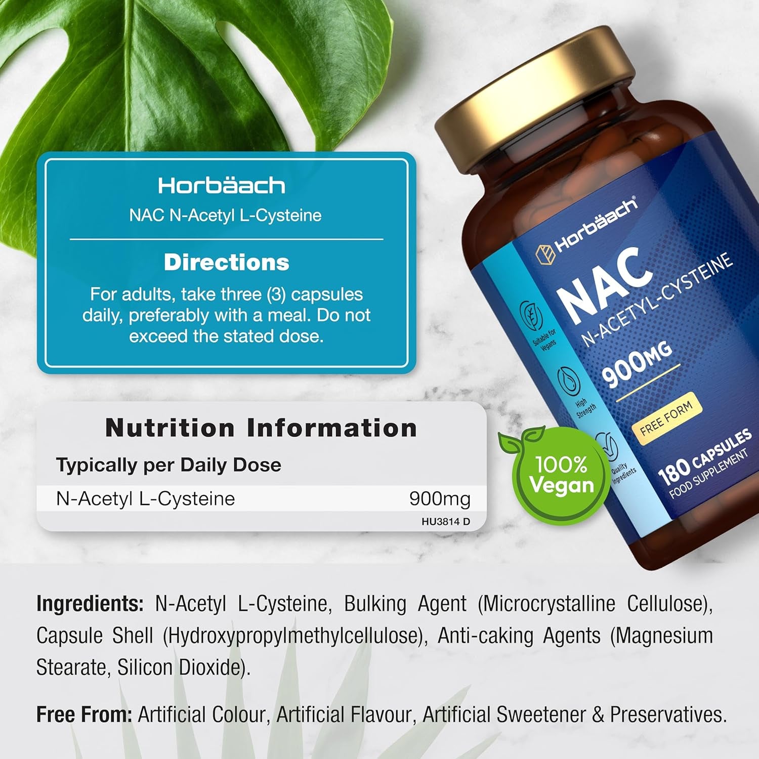 NAC Supplement N-Acetyl-Cysteine 900Mg | 180 Vegan Capsules | Amino Acids High Strength | Free Form | by Horbaach