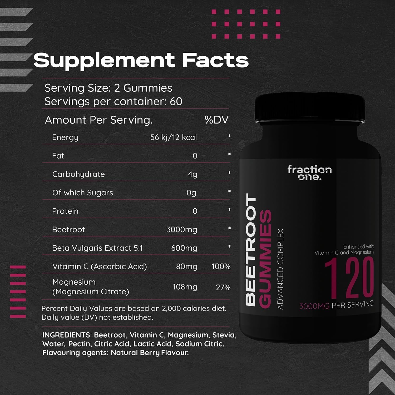 Fraction One Beetroot Gummies – 120 Gummies – 3000 Mg per Serving, 5:1 Extract - Enhanced with Vitamin C and Magnesium – Supports Blood Pressure, Vegan, Nitric Oxide Supplement – 60 Days Supply