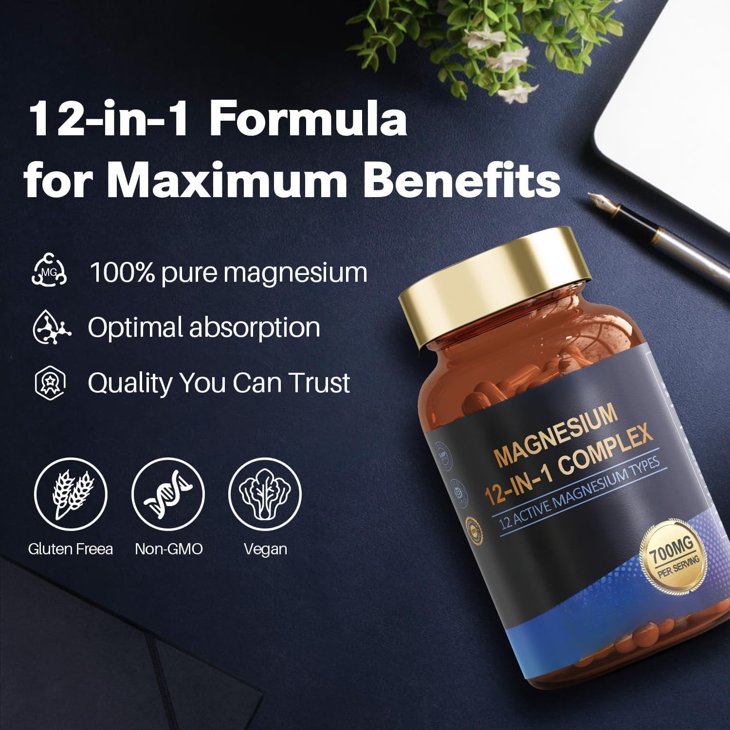 Magnesium Complex 12 in 1 Magnesium Supplement,Muscle,Heart Support,Vegan,Non-Gmo