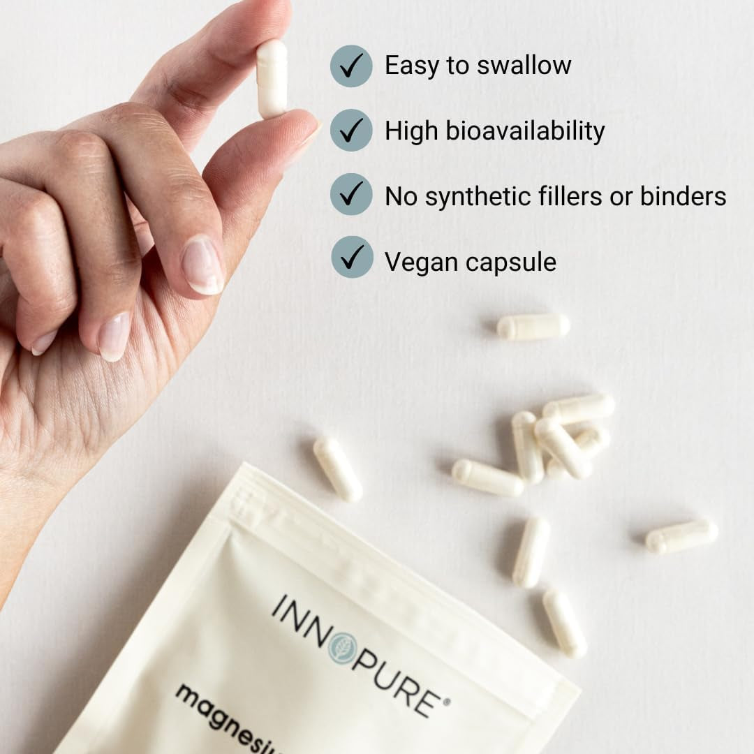 INNOPURE Magnesium Glycinate - 90 Capsules - Bioavailable Magnesium Supplements - 500Mg per Capsule Providing 100Mg of Pure Elemental Magnesium Bisglycinate Powder - Made in the UK