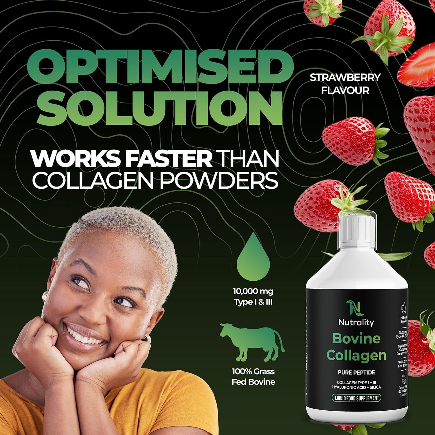 Nutrality Bovine Collagen Sugar Free Liquid | 10,000Mg Type 1 Peptides | Collagen Peptides, Hyaluronic Acid, Biotin | Strawberry Flavour | Healthy Skin, Hair, Nails | 500Ml (1 Bottle)