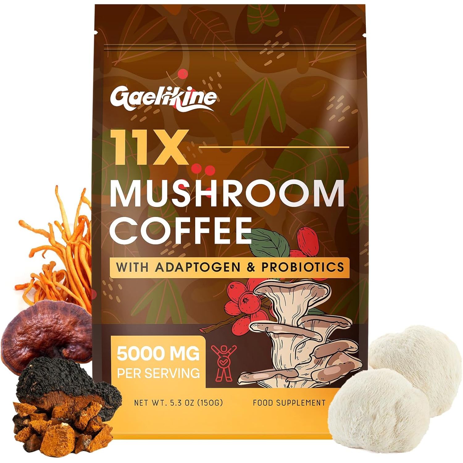 Mushroom Coffee, over 10 Superfood Mushrooms with Adaptogens & Probiotics, Instant Arabica Coffee with Lion'S Mane, Chaga, Reishi, Cordyceps & More, for Focus & Energy, 150G