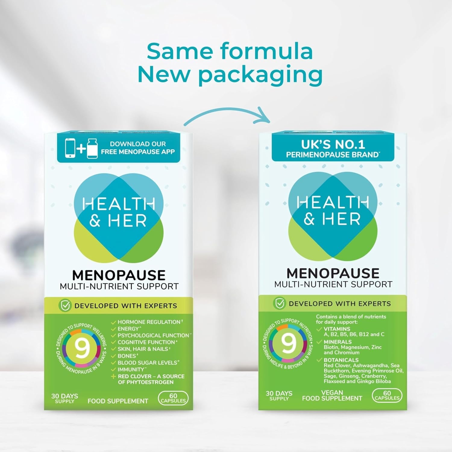 Health & Her Menopause Supplements for Women - Multi-Nutrient Wellbeing Support - Wellbeing for Menopause - 1 Month Supply, 60 Capsules - Vegan