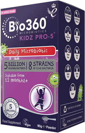 Natures Aid Bio360 Kidz Pro-5 Daily Microbiotic Powder 90G for Children 12 Months to 12 Years - 5 Billion Friendly Bacteria - Supports Digestive Health & Immunity Sugar Free Vegan Non-Gmo Gluten-Free