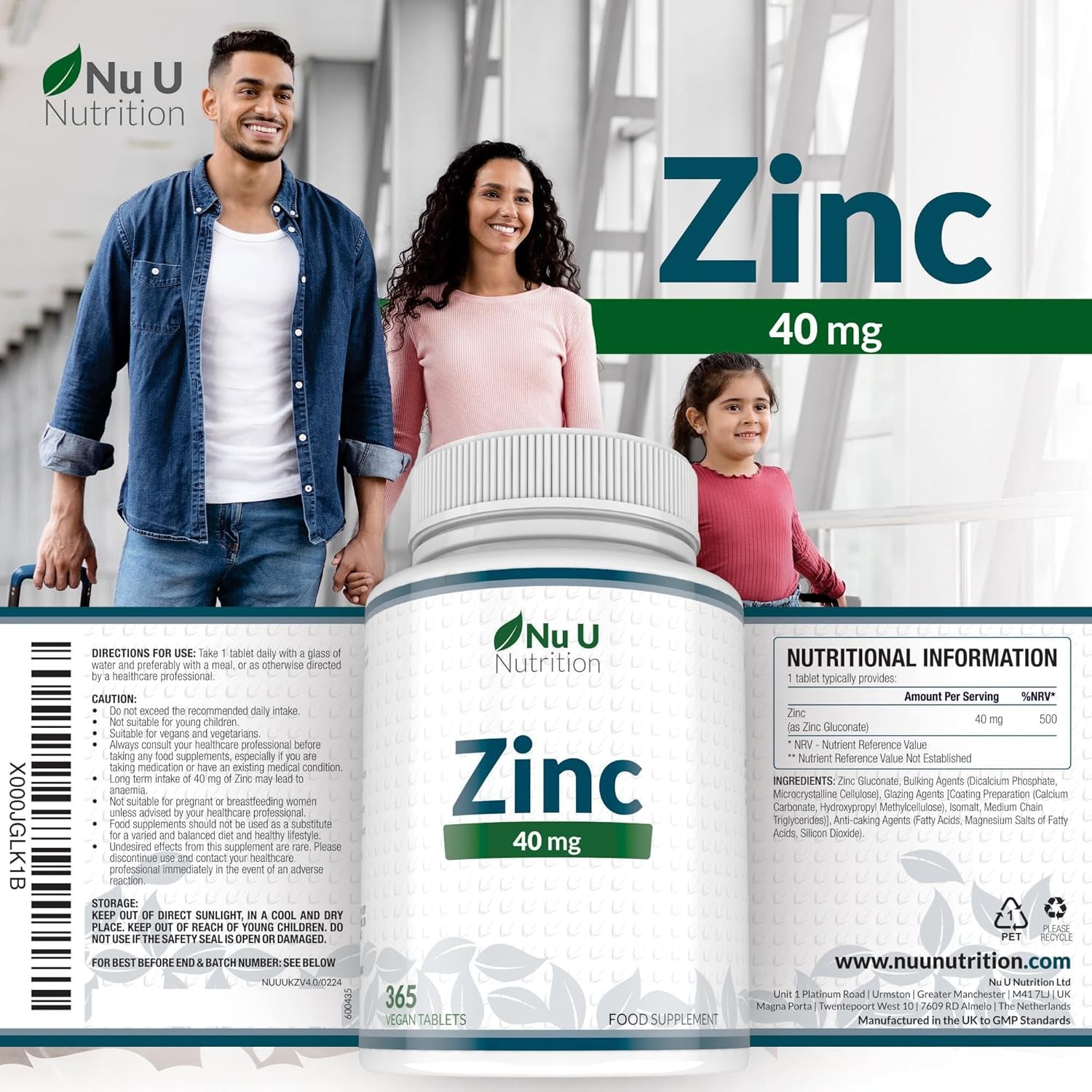Zinc Tablets 40Mg - 365 Vegan Tablets - 1 Year Supply - 1 a Day - Easy to Swallow Zink Gluconate - Supplement for Men & Women - Made in the UK - Nu U Nutrition