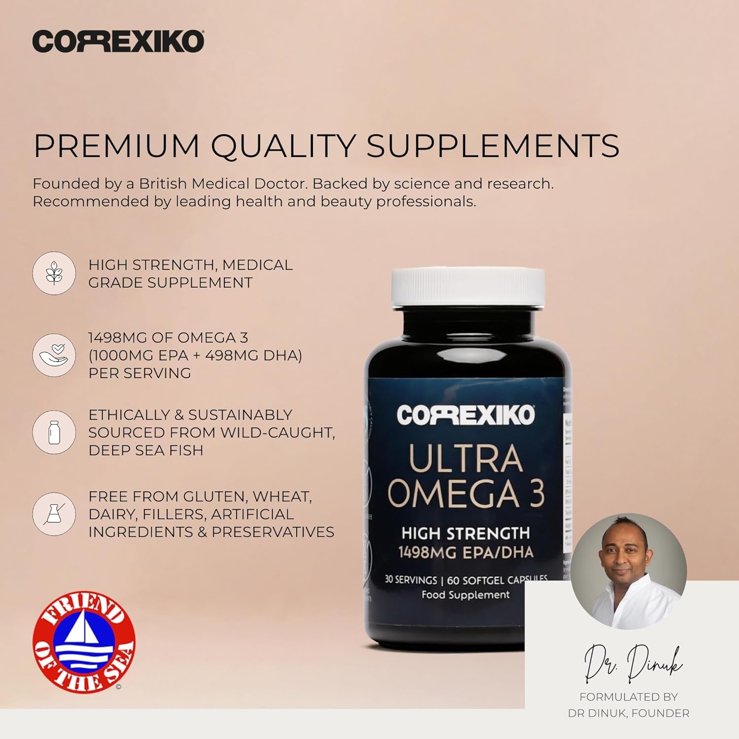 CORREXIKO Ultra Omega 3 Capsules - High Strength 1000Mg EPA & 498Mg DHA - Aids Skin Hydration to Reduce Fine Lines & Dry, Dehydrated Skin - Supports Joint & Brain Health - 60 Tablets, 1 Month Supply