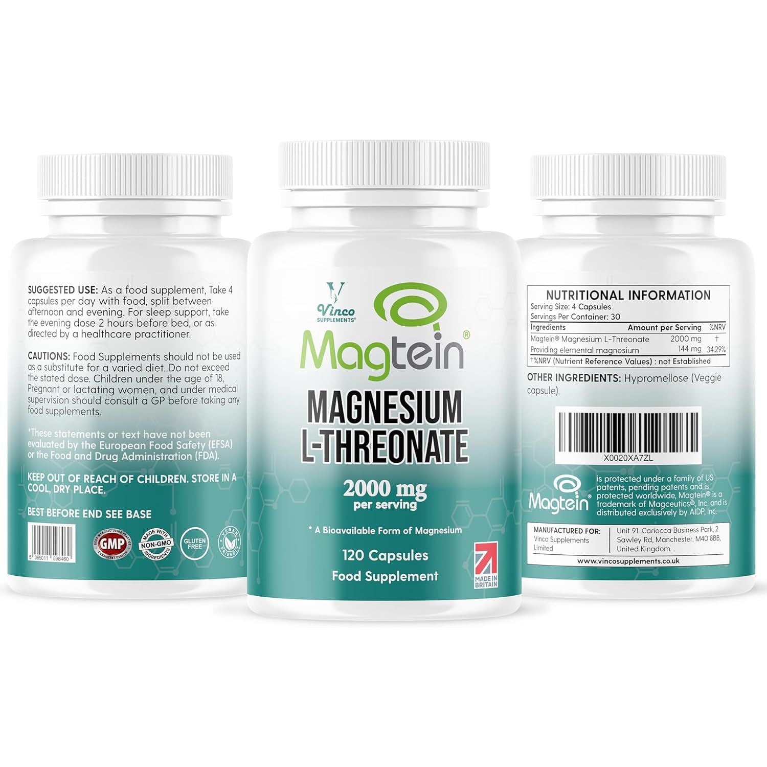 Vinco Magtein® Magnesium L-Threonate Supplement - 120 High Strength Magnesium L Threonate Capsules - 2000Mg Bioavailable Form of Magnesium per Serving - Non-Gmo & Gluten Free – Made in the UK