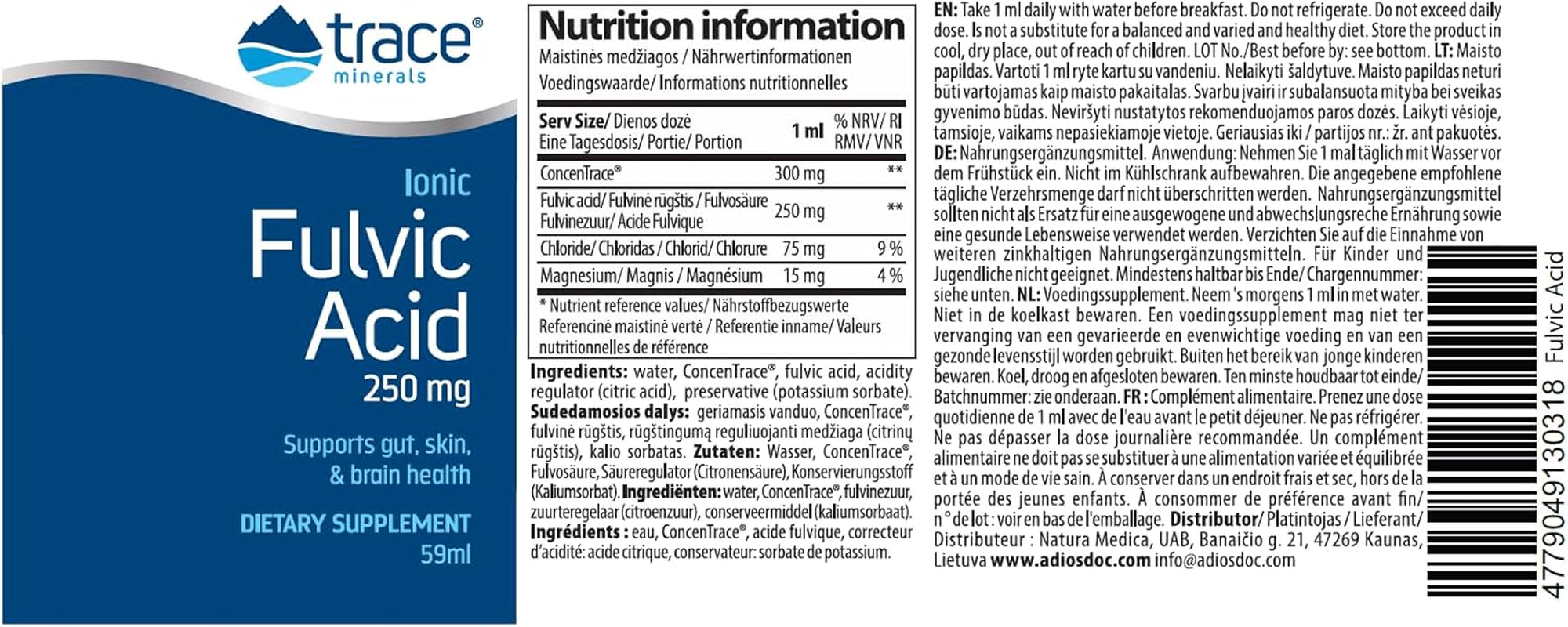 Trace Minerals Fulvic Acid | Liquid Ionic Fulvic Acid | 250 Mg | Intestine, Digestion, Skin, Brain | Mineral Complex 72+ Minerals and Trace Elements, Ph Balance, Muscle Endurance, Hydration