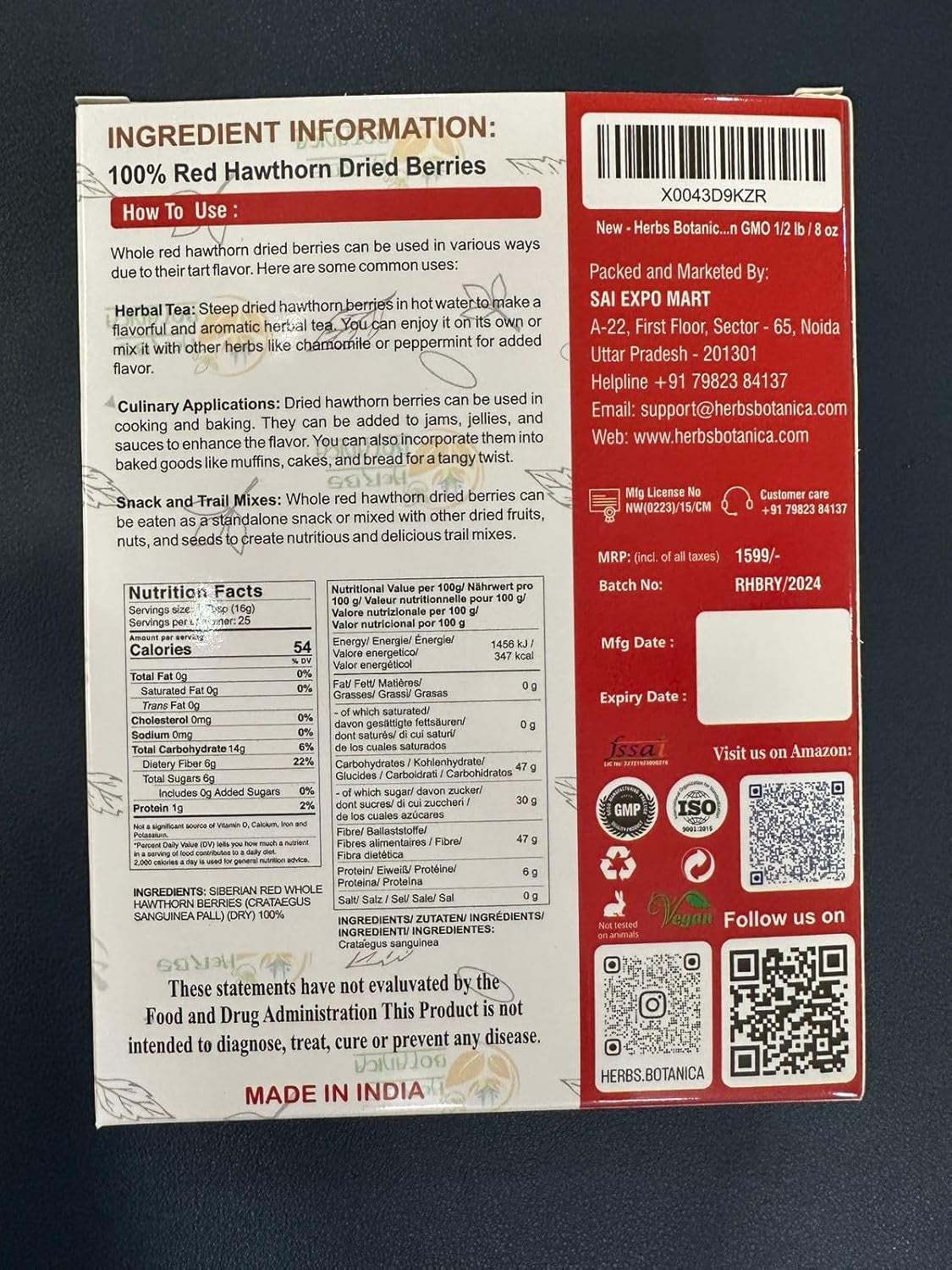 Herbs Botanica Organic Hawthorn Berry Hawthorne Berries/Crataegus Sanguinea Dried Superfood, Nature'S Remedy, Harvested with Care Non GMO 1/2 Lb / 8 Oz