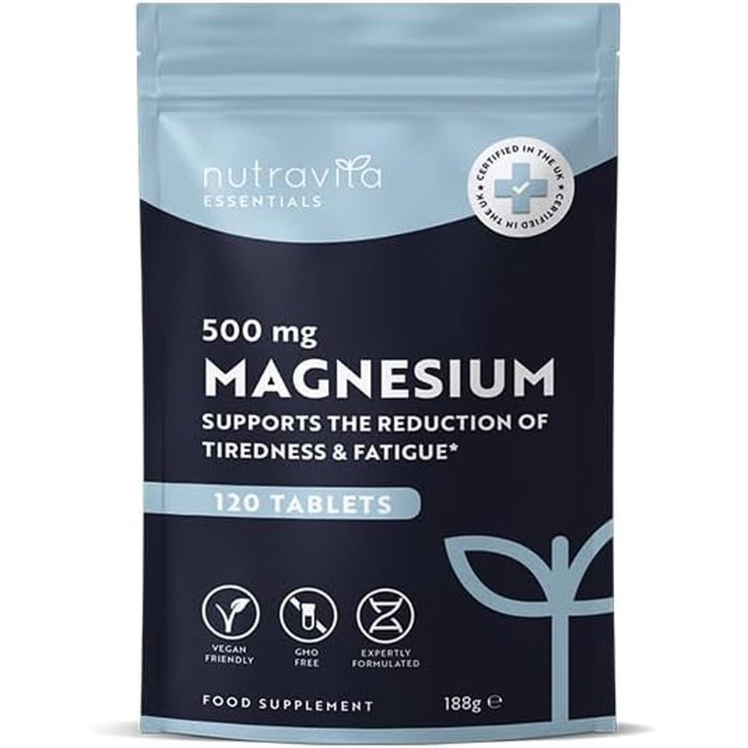 Magnesium Supplements 500Mg - 120 Vegan High Strength Tablets – 4 Month Supply – Supports Muscle Function, Tiredness, Energy, Bones, Nervous System - Letterbox Friendly - UK Made - Nutravita
