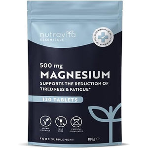 Magnesium Supplements 500Mg - 120 Vegan High Strength Tablets – 4 Month Supply – Supports Muscle Function, Tiredness, Energy, Bones, Nervous System - Letterbox Friendly - UK Made - Nutravita