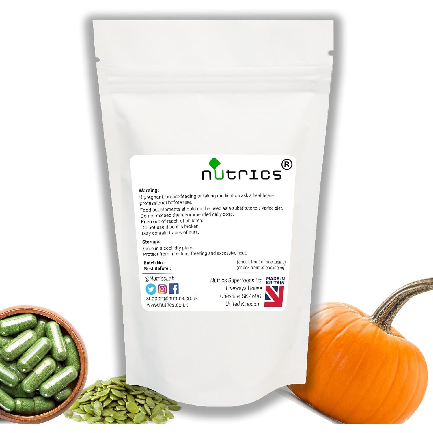 Nutrics® Pumpkin Seed 750Mg - Supplement - Suitable for Vegan Vegetarian Diet – Pure - 90 Vegan Capsules (2 Months Supply) (90)
