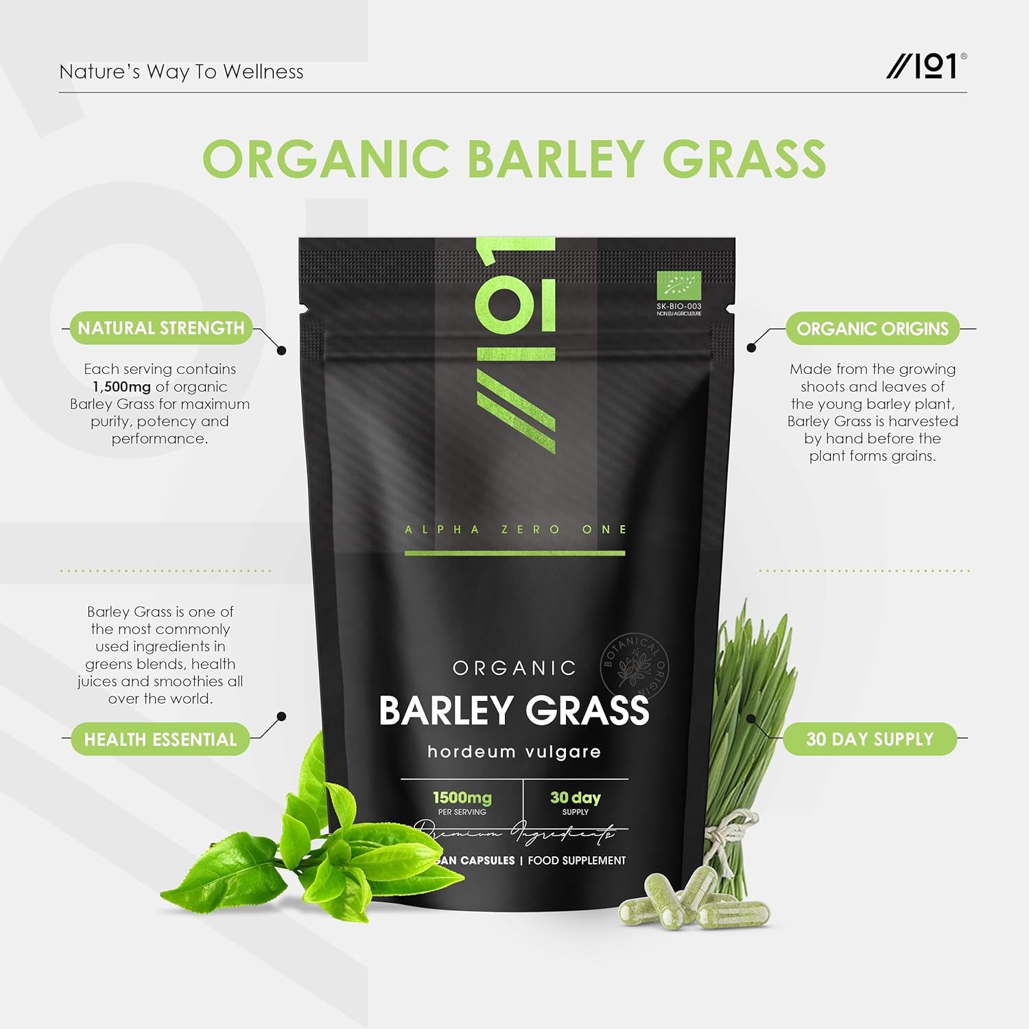 Organic Barley Grass 1500Mg – 90 Vegan Capsules – Rich in Amino Acids – High Strength Hordeum Vulgare Supplement – Resealable and Recyclable Pouch – by Alpha01