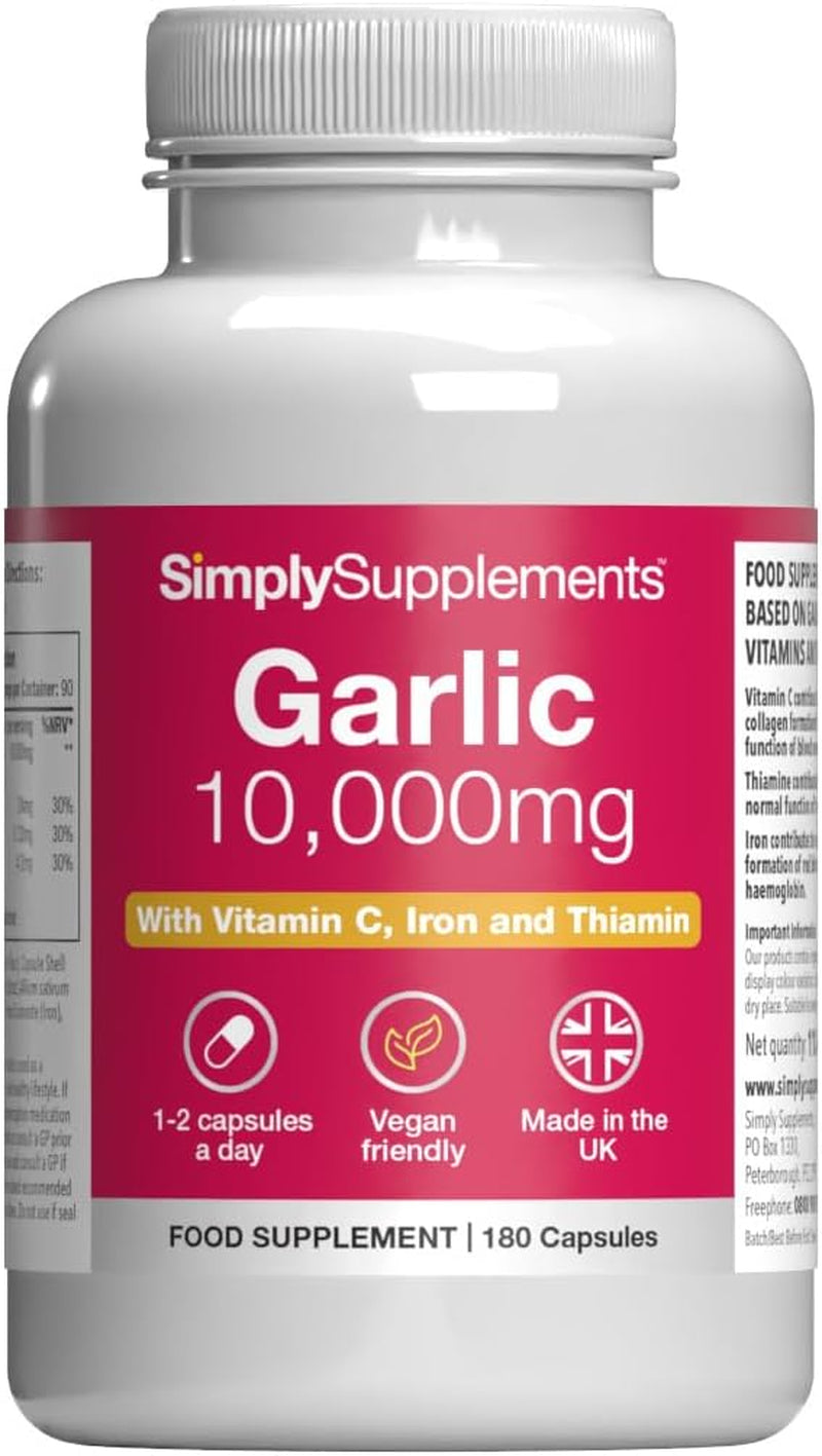 High-Strength Odourless Garlic Capsules | Supports Heart, Normal Blood Circulation & Immune Health | with Vitamin C, Iron & Thiamine | Vegan Friendly | 180 Capsules = 3 Months’ Supply | UK Made