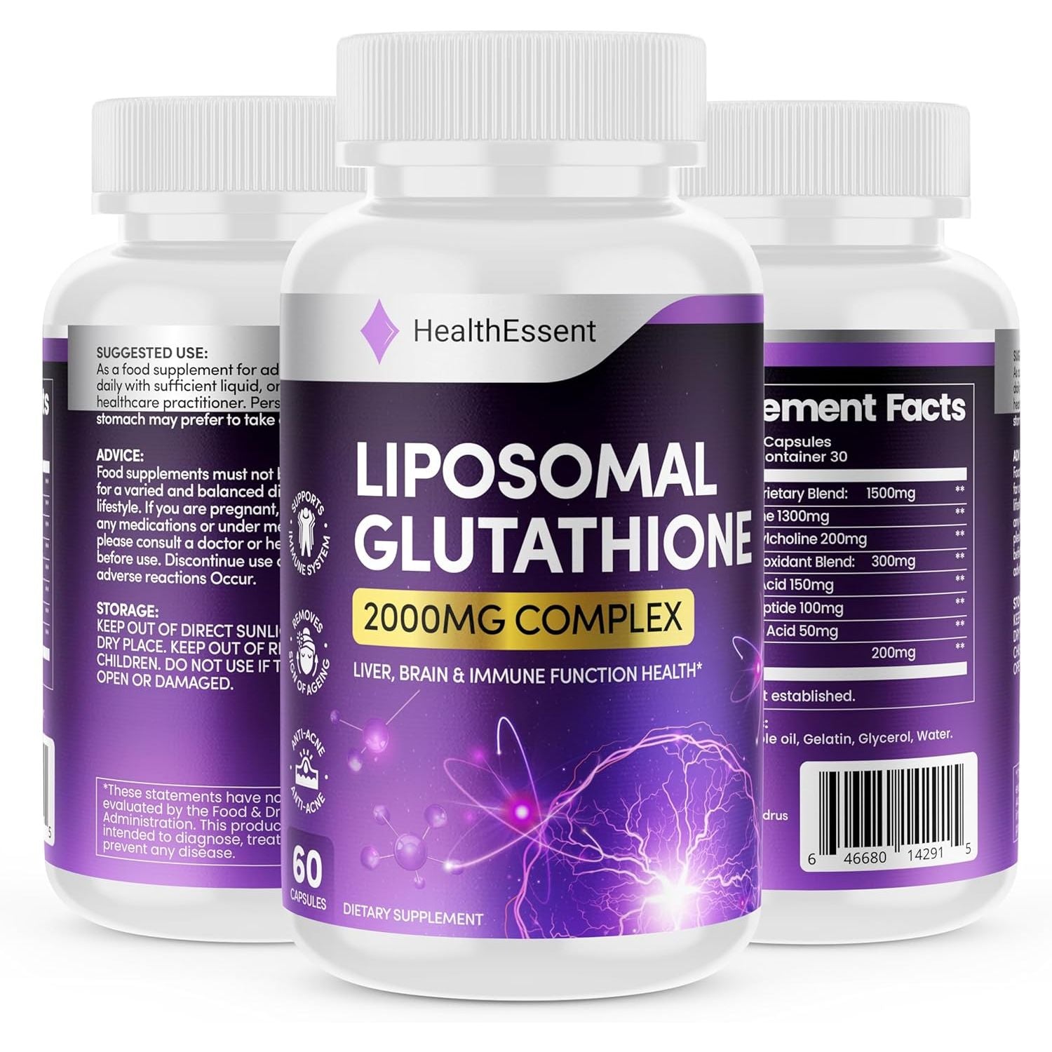 Liposomal Glutathione, 2000Mg Complex with Vitamin-C and Collagen Peptides, Liposomal Vitamin C, Glutathione Supplement, Superior Bioavailability 10X Absorption - 60 Softgels