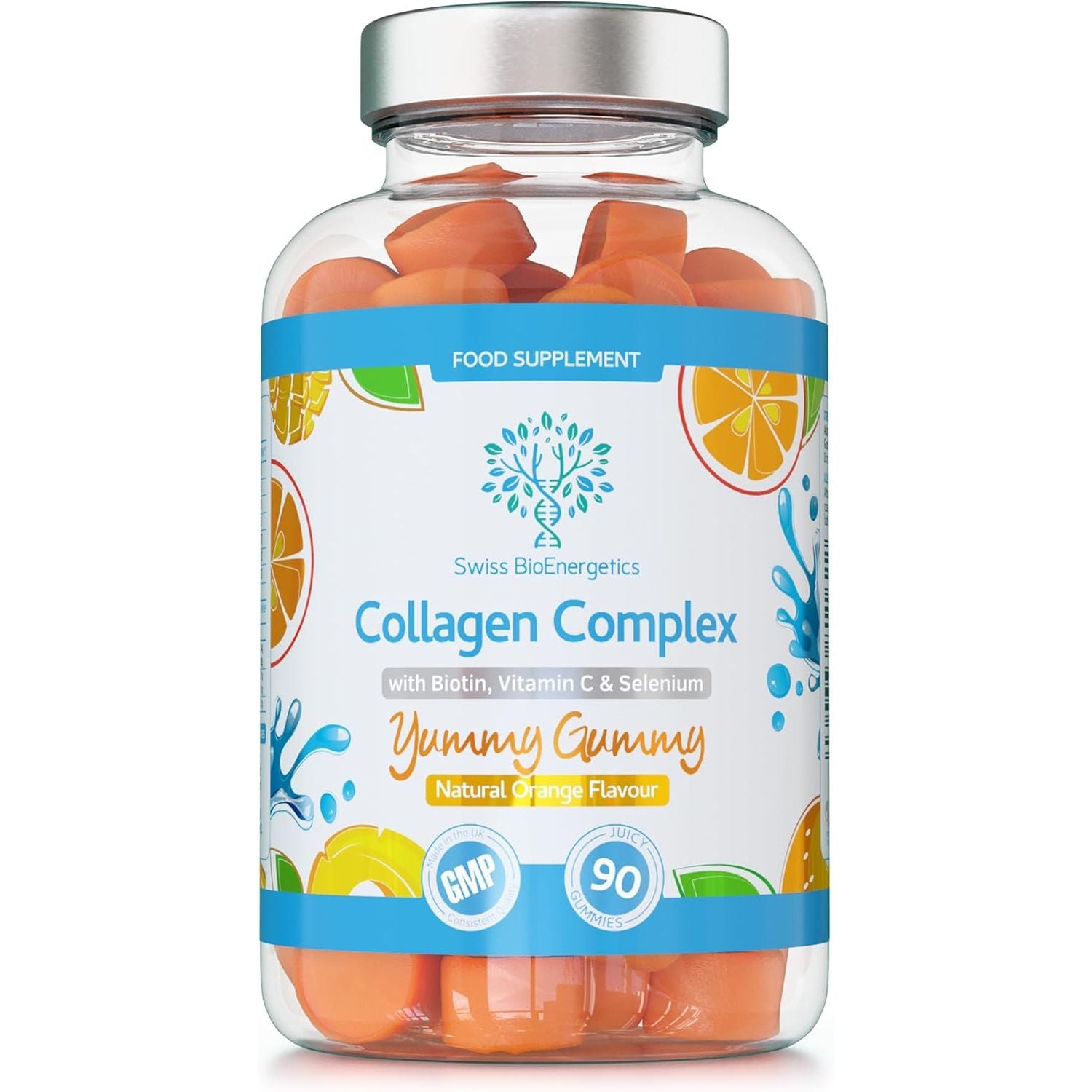 Collagen Complex - 90 Natural Orange Flavour Chewable Yummy Gummies - One a Day 500Mg Bovine Collagen, Biotin, Vitamin C, Selenium, Vits B6 and B12 – Healthy Skin and Hair for Men and Women – UK Made