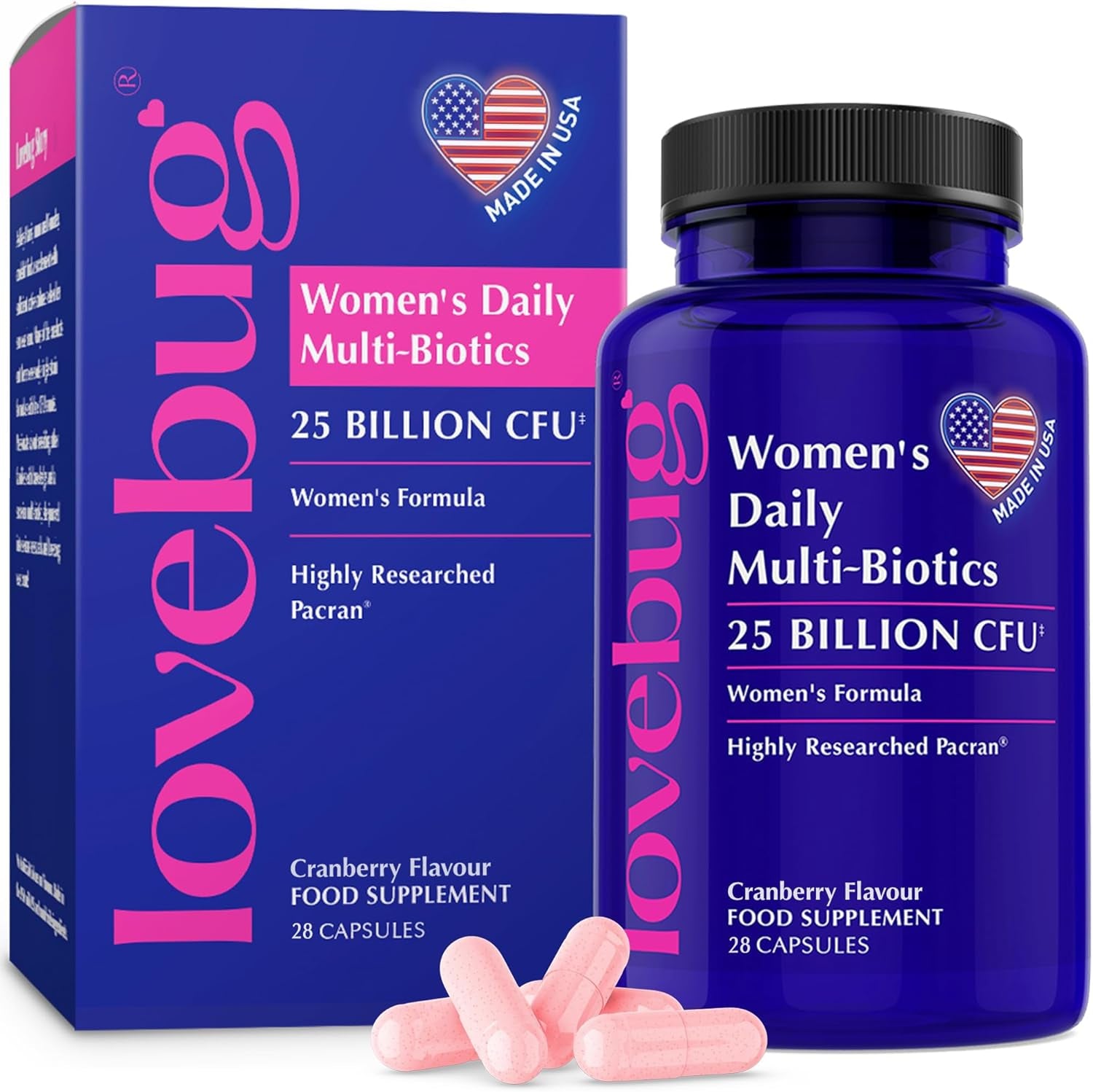 Lovebug Women’S Daily Multi-Biotics | Clinically Studied Ingredients | Multi-Strain 25 Billion CFU | 28 Capsules, Cranberry Flavoured