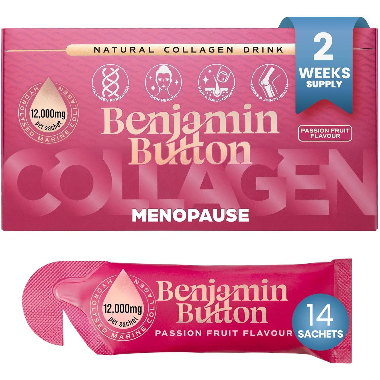 Menopause Collagen Liquid 12,000Mg, 14X Marine Collagen Peptide Sachets with Red Clover, Maca, Reishi, Vitamins C D3 K2, Biotin & Zinc, Skin, Hair, Joint & Hormone Support - Passion Fruit