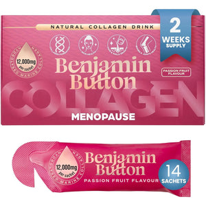 Menopause Collagen Liquid 12,000Mg, 14X Marine Collagen Peptide Sachets with Red Clover, Maca, Reishi, Vitamins C D3 K2, Biotin & Zinc, Skin, Hair, Joint & Hormone Support - Passion Fruit