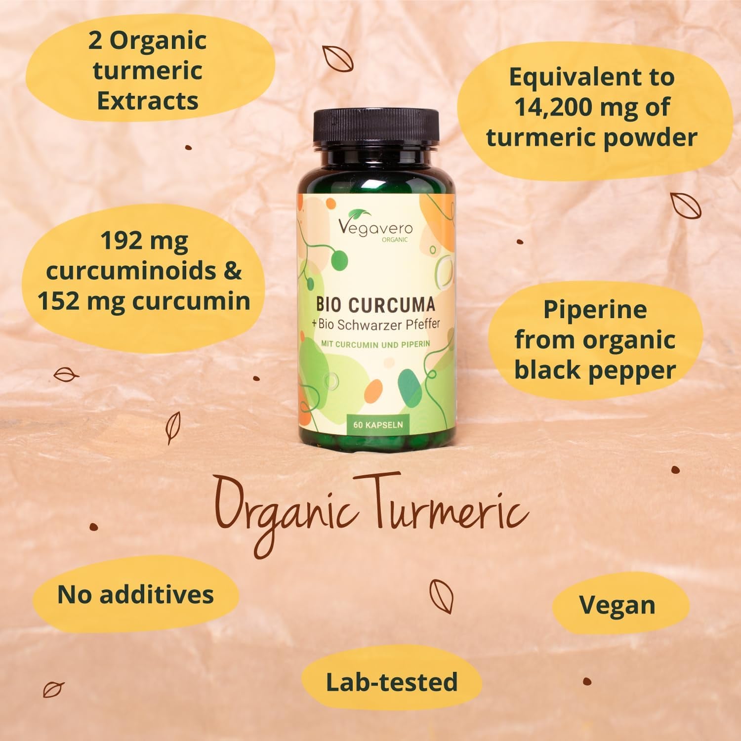 Vegavero Organic 14,200 Mg Turmeric and Black Pepper Capsules High Strength | Curcumin 152 Mg and Piperine 9,5Mg | NO Additives, Lab-Tested