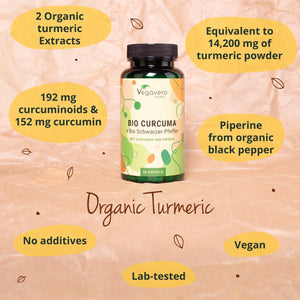 Vegavero Organic 14,200 Mg Turmeric and Black Pepper Capsules High Strength | Curcumin 152 Mg and Piperine 9,5Mg | NO Additives, Lab-Tested