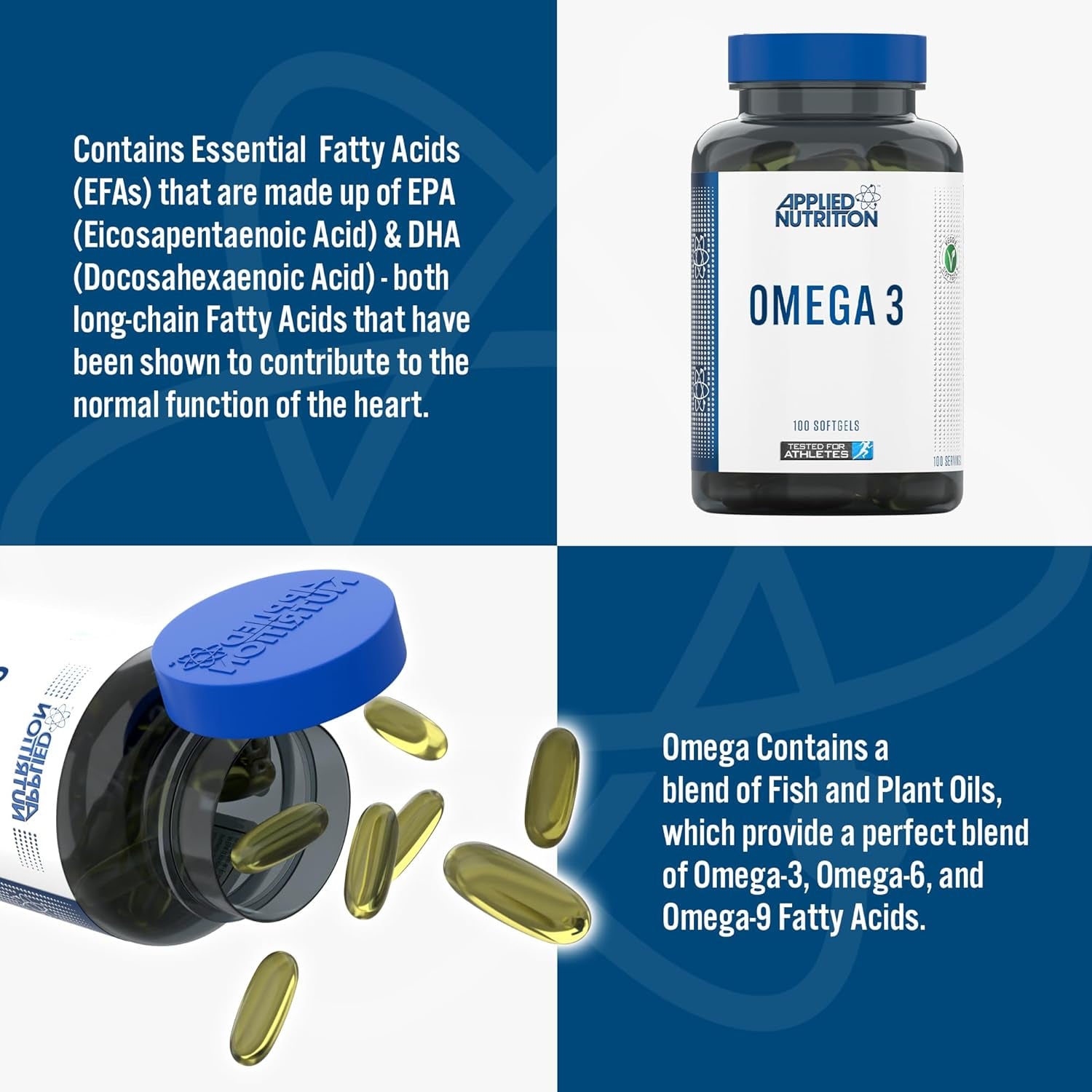 Applied Nutrition Omega 3 - Omega Fish Oil 1000Mg, 180Mg EPA & 120Mg DHA per Softgel, Made in the UK (100 Soft-Gels)