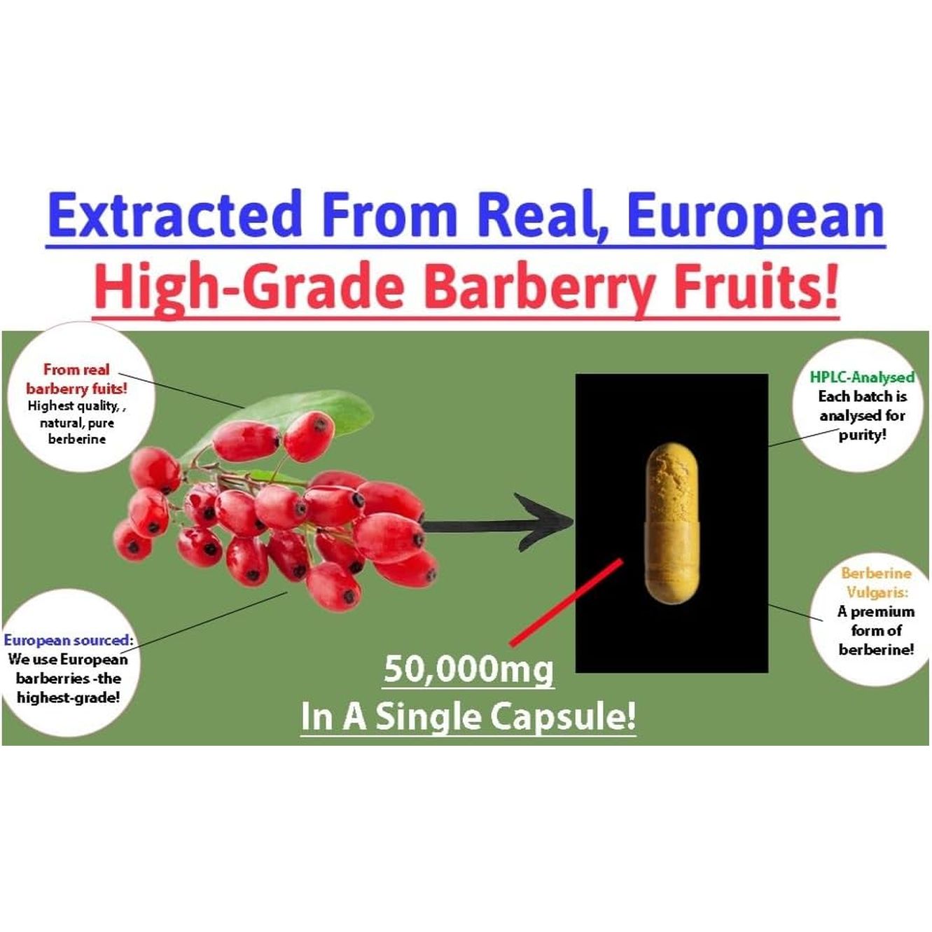 Berberine HCL 50,000 Mg Pure Natural Extract - 500 Mg at 100:1 – 120 High Strength Capsules