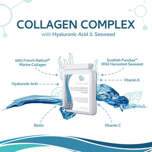 Collagen Complex with Hyaluronic Acid & Seaweed - 60 Capsules - Skin, Hair & Nails Formula with Added D-Biotin, Vitamin E & C - Highly Bioavailable Naticol® Hydrolysed Marine Collagen 500Mg