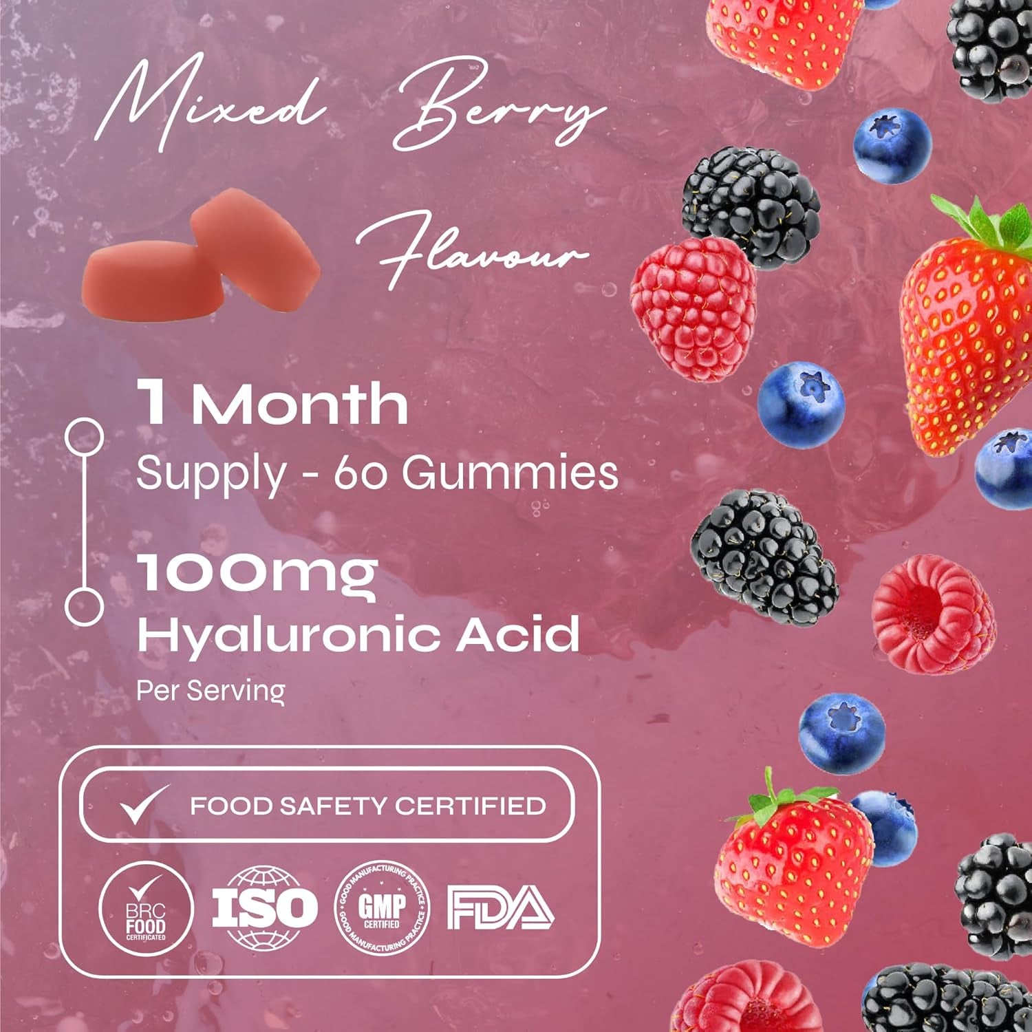 Known Delicious Hyaluronic Acid Gummies - 100Mg of HA - Supports Skin Hydration - Natural Mixed Berry Flavour - 60 Vegan Gummies, 2 Months Supply