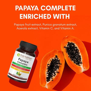 Pure Nutrition Papaya Complete | 60 Caps | Carica Papaya Leaf Extract with Iron VIT C, VIT a & Folic Acid | Supports Platelet Immunity & Digestion Non-Gmo | Gluten-Free