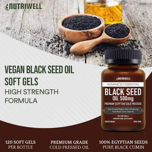 Black Seed Oil Softgel 120 Vegetarian Capsules 500Mg - Non GMO - Cold Pressed Nigella Sativa Producing Egyptian Black Cumin Seed Oil, Vegan & Vegetarian – Made by Nutri Well in UK