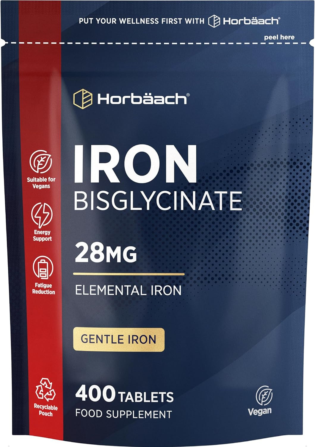 Iron 28Mg | 400 Tablets, 6+ Months Supply | High Strength Ferrous Bisglycinate Form | Supplement for Men & Women | by Horbaach